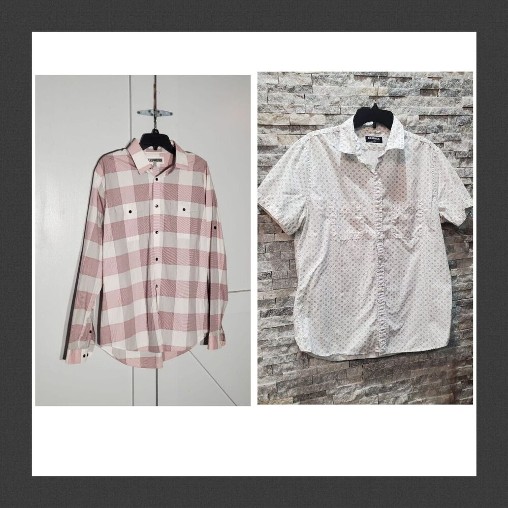 BUNDLE 2 EXPRESS CASUAL SHIRTS WHITE/RED LONG/SHORT SLEEVE SIZE L.
